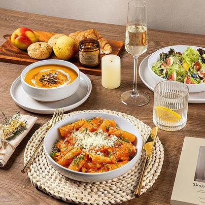 AmorArc Ceramic Dinnerware Sets with Pasta Bowls for 4, Handpainted Plates and Bowls Set with Rustic Terracotta Underside, Scratch Resistant Dishes Set, Dishwasher & Microwave Safe, 16 Pcs