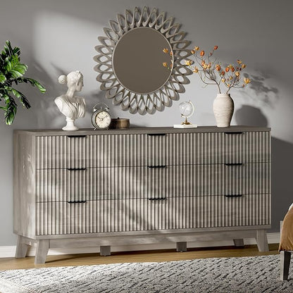 Fluted Dresser with 9 Drawers, 63" Wide Modern Chest of Drawers with Metal Handle, Wooden Dresser TV Stand, Wood Closet Clothes Storage Organizer for Bedroom, Living Room, Hallway, Light Grey