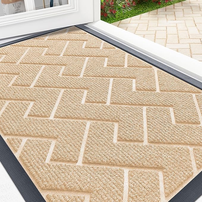 OLANLY Front Door Mat Indoor Outdoor Entrance, Waterproof All-Season, All-Weather Doormat, Sturdy Natural Rubber, Low Profile, Easy Clean Patio Porch Entryway Mat, Herringbone Brick (Beige, 59x23)