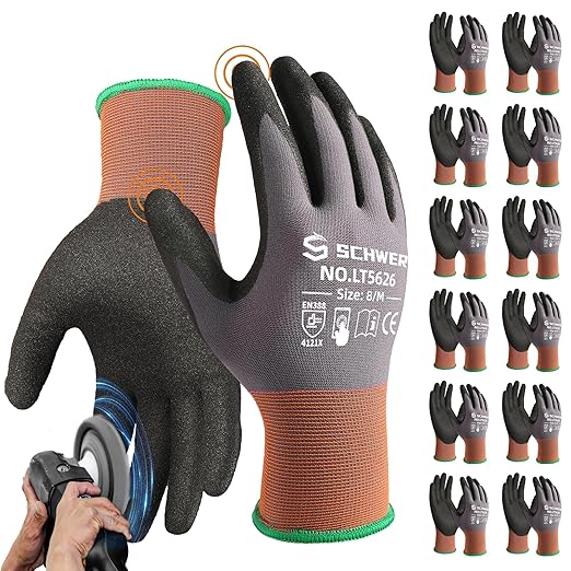 Schwer 12 Pairs Safety Work Gloves with Sandy Nitrile Coating, ANSI A1 Cut Resistant Heavy Duty Working Gloves with Grip for Men Women, Ideal for General Use, Mechanic, Construction, Gardening, M