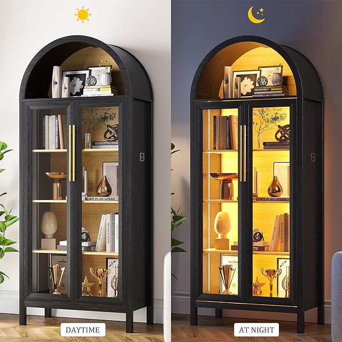 Arched Kitchen Pantry Cabinet with Glass Doors, Display Curio Case with 3 Color LED Lights for Collectibles, Modern 5-Tier Storage Hutch Cabinet for Kitchen, Dining Room, Black