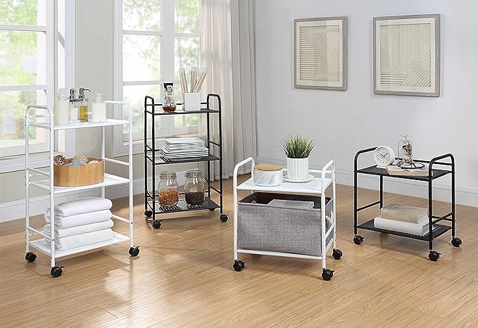 SunnyPoint 2-Tier Metal Rolling Utility Cart – Mobile Storage Shelf with Caster Wheels – Small Space Organizer for Home, Office, Bedroom, Kitchen (WHT)