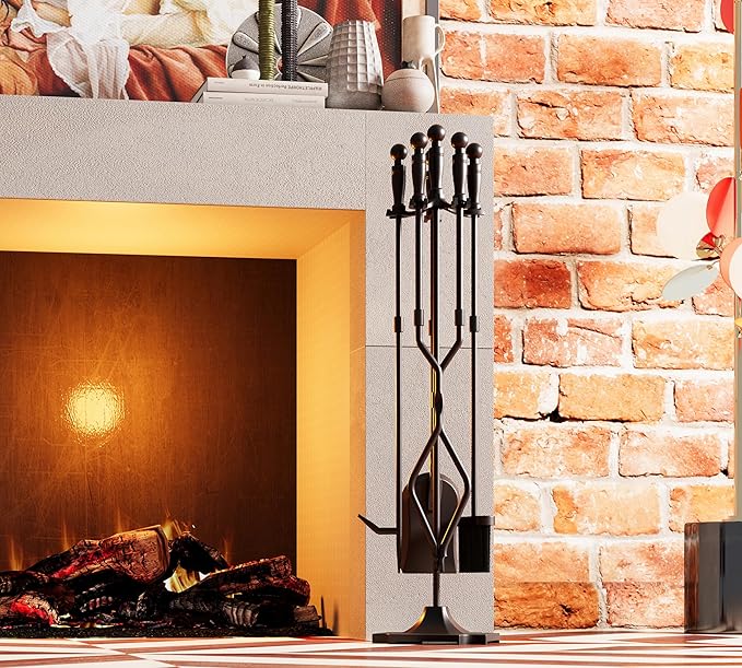 Fire Beauty Fireplace Tools, 5 Pieces Fireside Accessories Fire Kit Set,Woodstove Tools Holder Wrought Iron Handle Indoor Fireset Stand (32 Inches)