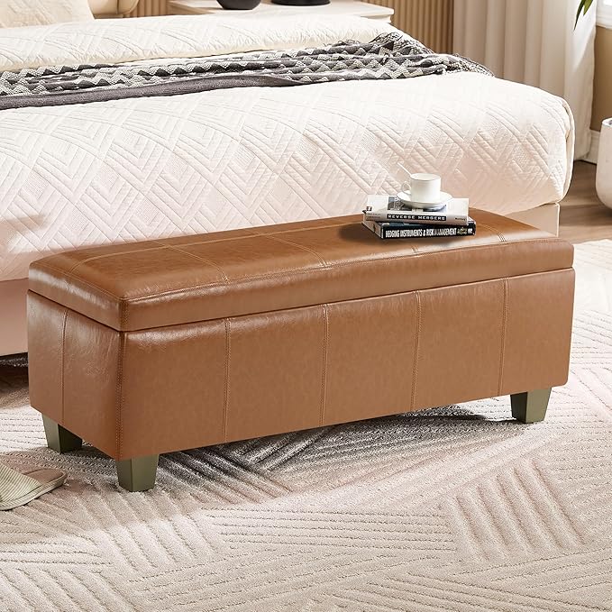 41" Faux Leather Storage Ottoman, Stitch Tufted Rectangle Upholstered End of Bed Storage Bench, Entryway Large Couch Ottoman with Wooden Legs, Light Brown
