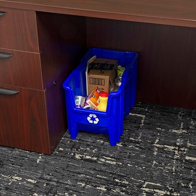 Commercial Industrial Heavy Duty Stackable Open-Front Recycling Bin Box Containers, 7 Gallon, 4 Pack, Blue