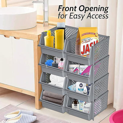 TidyFriend Plastic Stackable Bins for Pantry, 8 Pack Large Stacking Bins Open Front Kitchen, and Bathroom Organization, Open Front Design (Grey)