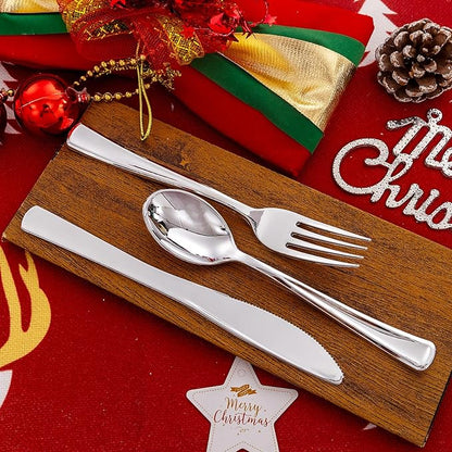 Liacere 200Pcs Silver Plastic Cutlery - Silver Plastic Silverware- Disposable Silverware - 100 Forks, 50 Spoons, 50 Knives Perfect for Wedding＆Christmas