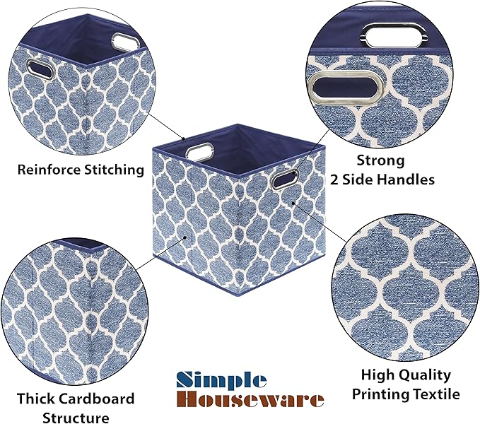 SIMPLE HOUSEWARE 13-Inch Collapsible Fabric Cube Storage Bin with Handles, Printed Design, 3 Pack, Steel Blue