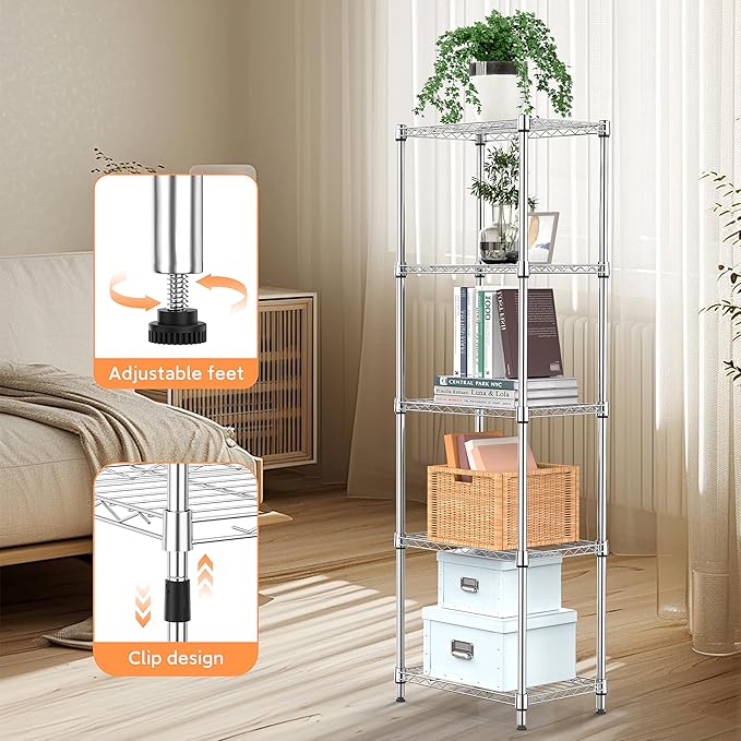 5 Tiers Shelf Metal Storage Shelves Wire Rack Closet Organizers with Wheel for Garage Kitchen Bathroom Laundry Chrome 11.8" D x 17.7" W x 55" H