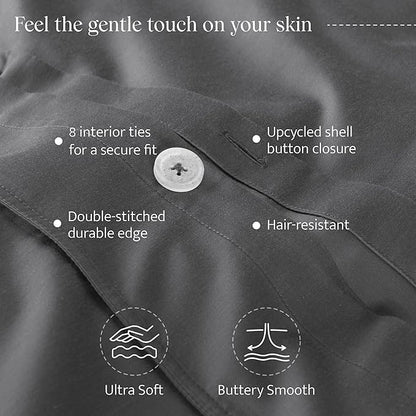 Double Stitch Cotton Tencel Duvet Cover - Queen Size Comforter Cover, Luxury & Soft Eucalyptus Lyocell Bedding Set for Hot Sleepers, Cooling, Smooth & Breathable, Button Closure, Ash Black, 90"x90"