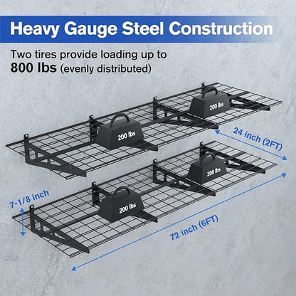 WORKPRO 2-Pack 2x6FT Garage Wall Shelving, 72” x 24” Heavy Duty Wall Mounted Shelving, 800lbs Load Capacity (Total), Metal Wall Shelves Suitable for Shop, Shed, Garage Storage, Black, 1 Sets