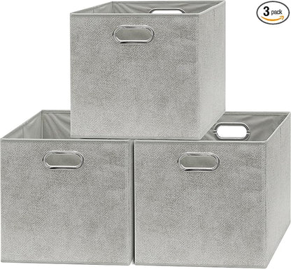SIMPLE HOUSEWARE 13-Inch Collapsible Fabric Cube Storage Bin with Handles, Printed Design, 3 Pack, Gray