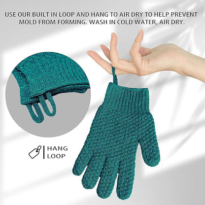 Evridwear Exfoliating Dual Texture Bath Gloves for Shower, Spa, Massage and Body Scrubs, Dead Skin Cell Remover, Gloves with Hanging Loop (1 Pair Deep Lake Heavy Glove)
