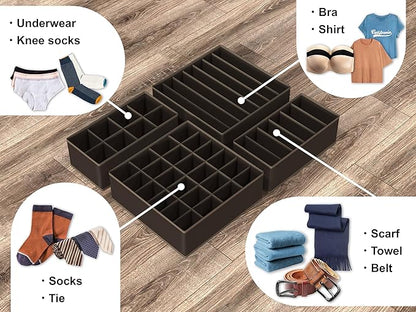Simple Houseware 4-Pack Drawer Organizer Set - Closet Dividers for Underwear, Socks, Bras, Scarves, Ties - Foldable Non-Woven Storage Boxes, Brown