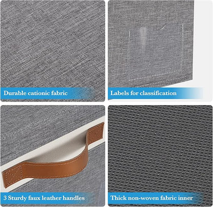 Large Storage Bins with Lids, Foldable Fabric Storage Baskets with Lids, Sturdy Storage Boxes with Labels and 3 PU Handles for Closet Home Bedroom Office (26L, 3 Packs, Grey&White)