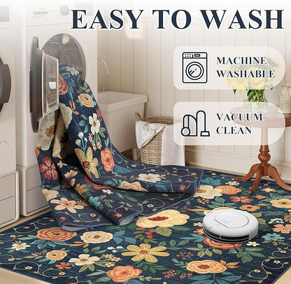 DUKINO 9x12 Area Rug, Floral Rugs for Living Room, Lightweight Non Slip Washable Rug, Indoor Low Pile & Non-Shedding Boho Design Rugs for Bedroom, Living Room, Dining Room, Dark Blue