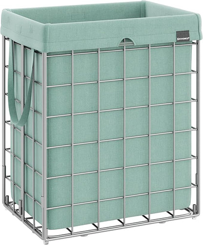 SONGMICS Laundry Hamper, 23.8 Gal. (90L) Laundry Basket, Collapsible Clothes Hamper, Removable and Washable Liner, Metal Wire Frame, for Bedroom Bathroom, Silver and Mint Green ULCB190C01