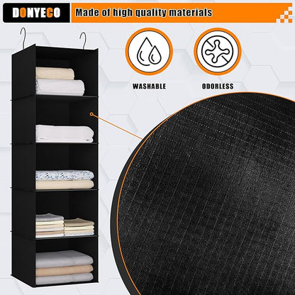 Hanging Closet Organizer and Storage 5-Shelf, Easy Mount Foldable Hanging Closet Wardrobe Shelves, Clothes Handbag Shoes Accessories Storage, Washable Oxford Cloth Fabric, Black
