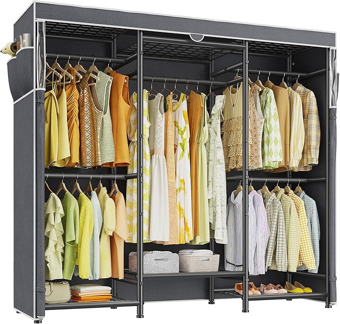 Raybee Clothes Rack with Cover Heavy Duty Clothing Racks for Hanging Clothes Adjustable Metal Clothes Rack for Bedroom 66.5" Wx15.75 Dx74.8 H Black