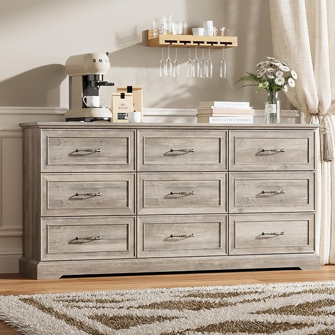 9 Drawer Dresser for Bedroom, 63" Wide Wooden Chest of Drawers, Rustic Farmhouse Dresser with Large Drawers & Metal Handles, Modern Storage Organizer for Closet, Living Room, Hallway, Grey