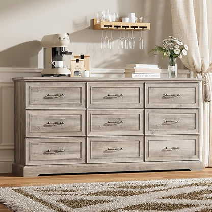 9 Drawer Dresser for Bedroom, 63" Wide Wooden Chest of Drawers, Rustic Farmhouse Dresser with Large Drawers & Metal Handles, Modern Storage Organizer for Closet, Living Room, Hallway, Grey