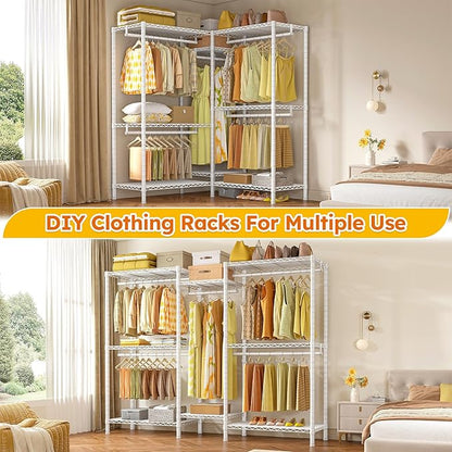 Raybee Clothes Rack,Clothing Racks for Hanging Clothes Heavy Duty,Adjustable Garment Rack with Shelves,rolling clothes rack Max Load 905LBS,75" W x 77" H x 17.8" D,White