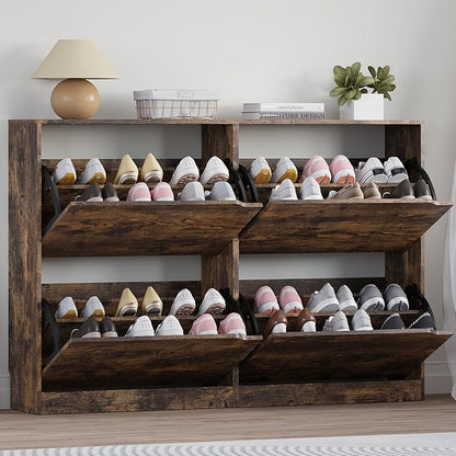 Shoe Cabinet with 4 Flip Drawers, Narrow Hidden Shoe Storage Cabinet, Slim Freestanding Shoe Rack Organizer for Entryway, Hallway, Bedroom, Living Room