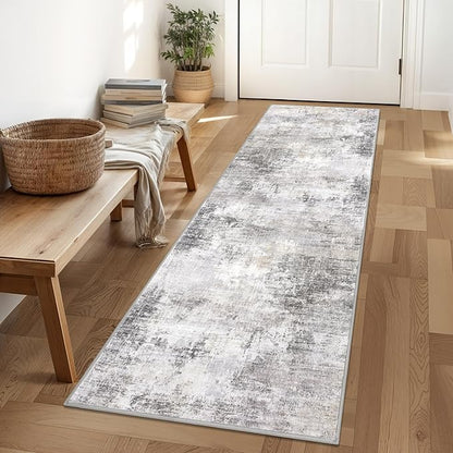 IOHOUZE Abstract Runner Rug 2x6 Ft Washable Runners for Hallways, Non Slip Kitchen Runner Printed Faux Wool Entryway Runner Indoor, Modern Abstract Floor Carpet for Hall Kitchen Bedroom, Grey Beige
