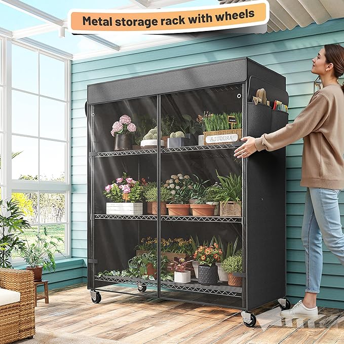 REIBII 4-Tier Storage Shelves Wire Shelving Unit with Cover & Wheels, Heavy Duty Metal Shelving for Dorm Storage Shelves, Garage Storage Rack Commercial Shelf, 36" W*14.3" D*56.5" H