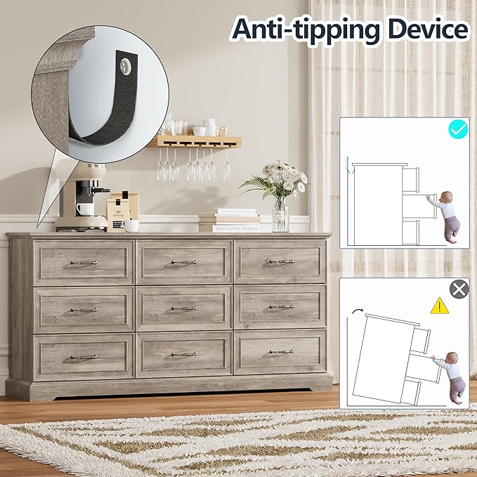 9 Drawer Dresser for Bedroom, 63" Wide Wooden Chest of Drawers, Rustic Farmhouse Dresser with Large Drawers & Metal Handles, Modern Storage Organizer for Closet, Living Room, Hallway, Grey