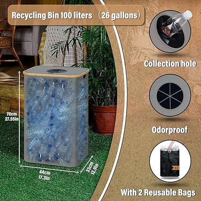 efluky Recycle Bin 26 Gallon, 100L Recycle Bin for Kitchen with 2 Removeable and Reusable Inner Bag, Large Recycling Bin with Lid for Bottle Can Plastice Stickers (Grey)