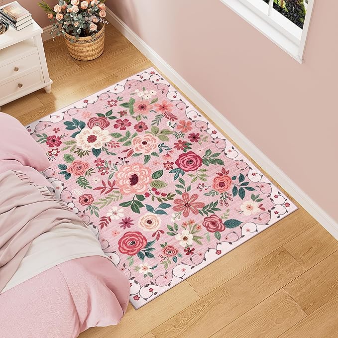 DUKINO 3x4 Area Rug, Lightweight Non Slip Washable Floral Rug, Indoor Low Pile & Non-Shedding Boho Design Carpets for Bedroom, Kitchen, Dining Room, Pink