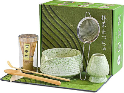 BEWOS 8 Pcs Matcha Whisk Set - 18OZ Ceramic Bowl with Spout, Matcha Sifter, Matcha Whisk Holder & Bamboo Matcha Whisk | Matcha Scoop, Complete Japanese Tea Ceremony Kit for Matcha Lover(Mottled Green)