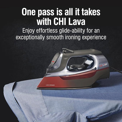 CHI Steam Iron for Clothes with 8’ Retractable Cord, 1700 Watts, 3-Way Auto Shutoff, 400+ Holes, Professional Grade, Temperature Control Dial, Lava Infused Ceramic Soleplate, Black (13113)