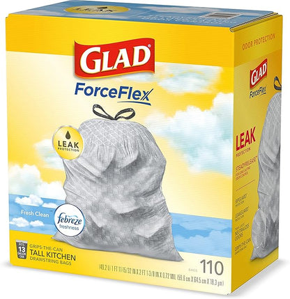 Glad Tall Kitchen Drawstring Trash Bags - Odorshield 13 Gallon White Trash Bag, Febreze Fresh Clean, 110 Count