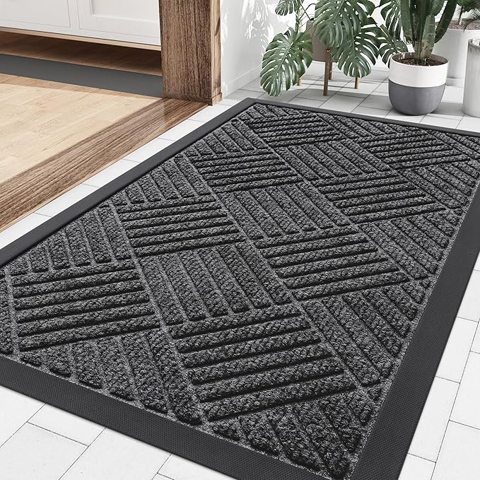 Smiry Front Door Mat Outside Entrance, Heavy Duty Outdoor Indoor Natural Rubber Doormat, Non Slip, Trap Dirt and Moisture, Easy Clean, Low Profile Patio Porch Entryway Mat, 29.5x17, Light Grey
