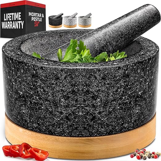 PriorityChef Heavy Duty Mortar and Pestle Set with Bamboo Base, 100% Natural Granite Stone Grinder, Guacamole Bowl and Masher, 4 Cups, Black