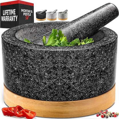 PriorityChef Heavy Duty Mortar and Pestle Set with Bamboo Base, 100% Natural Granite Stone Grinder, Guacamole Bowl and Masher, 4 Cups, Black