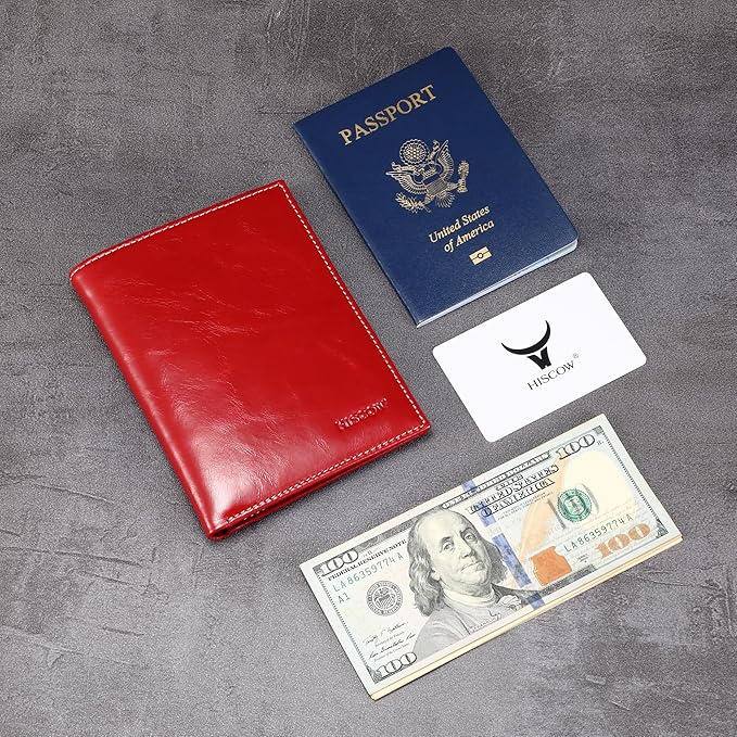 HISCOW Italian Leather Passport Holder for Travel - RFID Blocking Wallet Cover with Secure Organizer for Men & Women, US & Foreign Trips, Antiqued Red