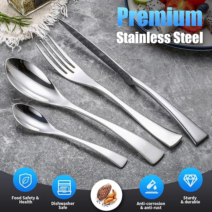 Lemeya 24-Piece Silverware Set for 6,Heavy Duty 18/10 Stainless Steel Cutlery Set with Forged Stand Knife,Modern Flatware Utensils Set,Forks Spoons and Knives Set,Mirror Polished,Dishwasher Safe