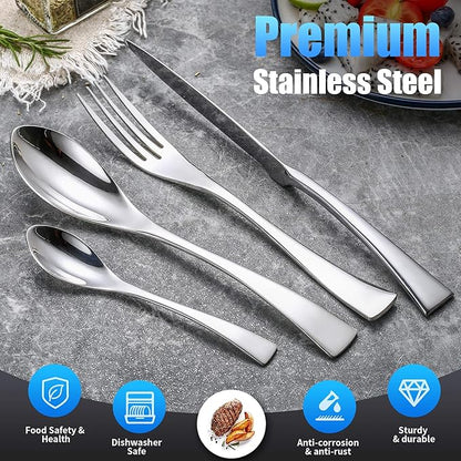 Lemeya 24-Piece Silverware Set for 6,Heavy Duty 18/10 Stainless Steel Cutlery Set with Forged Stand Knife,Modern Flatware Utensils Set,Forks Spoons and Knives Set,Mirror Polished,Dishwasher Safe