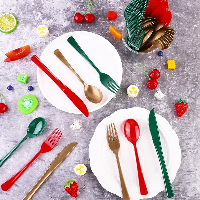 300 Pieces Christmas Plastic Silverware Heavy Duty Plastic Cutlery Set Heavyweight Disposable Flatware Includes Christmas Spoons Forks Knifes for Christmas New Year Party