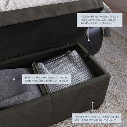 BELLEZE Storage Faux Leather Ottoman, 47 Inch Bench Bedroom Bench with Safety Close Hinge, Extra Long Ottoman with Storage for Living Room, Entryway, Hallway, Foot Rest, Support 300lbs - Rustic Gray