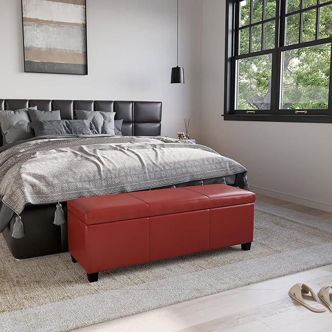 BELLEZE Storage Faux Leather Ottoman, 47 Inch Bench Bedroom Bench with Safety Close Hinge, Extra Long Ottoman with Storage for Living Room, Entryway, Hallway, Foot Rest, Support 300lbs - Red