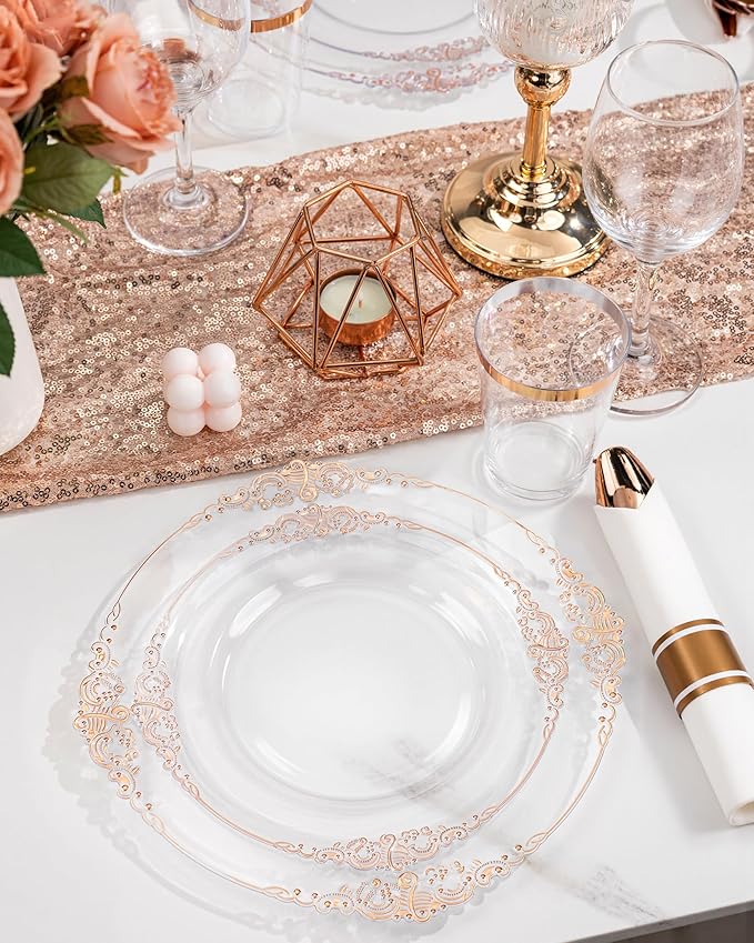 Nervure 350PCS Rose Gold Plastic Plates - Rose Gold Plastic Dinnerware Sets for 50 Guests - 100 Disposable Plates, 150 Silverware, 50 Cups, 50 Napkins for Wedding & Party