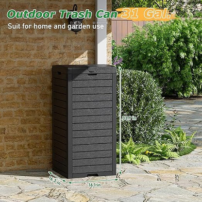 NUNU LAB 31 Gal Outdoor Trash Can with Lid - Heavy Duty Waterproof Resin, Removable Drip Tray, Fits 33-40 Gallon Bags - Large Garbage Bin for Patio, Backyard, Deck