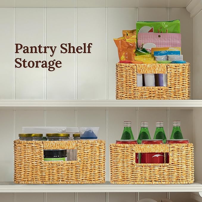 Baskets for Organizing, Undershelf Wicker Storage, Hand Woven Organizer for Closet Organization, Rectangular, Set of 3, Amber