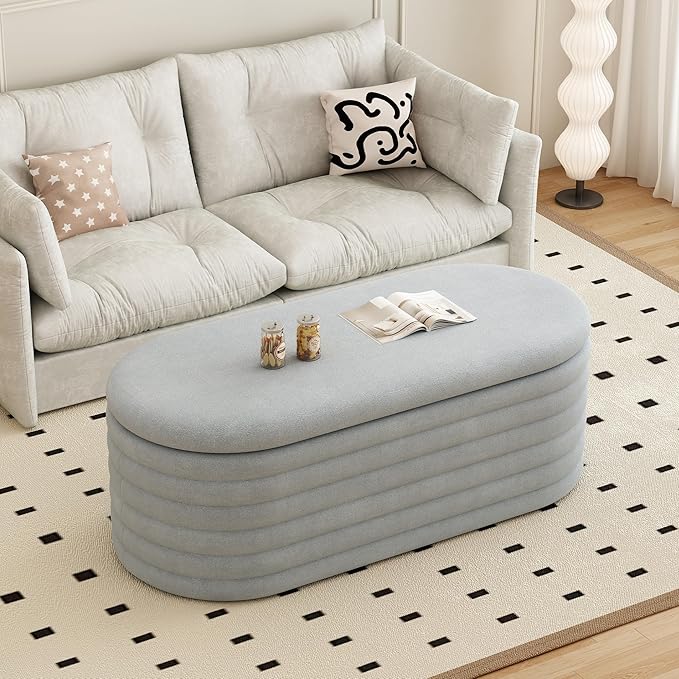 Storage Ottoman Bench, 40" Storage Bench, Upholstered Fabric Storages Benches End of Bed Stool with Safety Hinge, Shoe Storages Benches for Bedroom, Living Room, Entryway, Closet,Light Grey