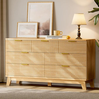 Fluted Dresser with 7 Drawers, 58" Wide Modern Chest of Drawers with Metal Handle, Wooden Dresser TV Stand, Wood Closet Clothes Storage Organizer for Bedroom, Living Room, Hallway, Natural Oak
