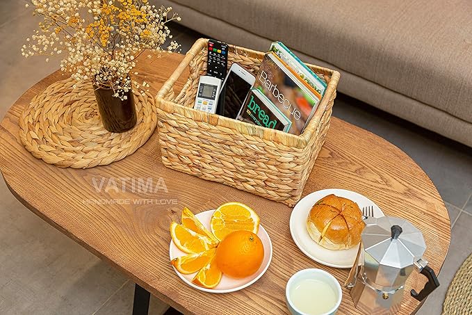Natural Water Hyacinth storage basket with Handle, Rectangular Organizing Basket for Organizing, Decorative Wicker Storage Bins for Living Room, Medium Wicker Baskets - 3 Pack Medium